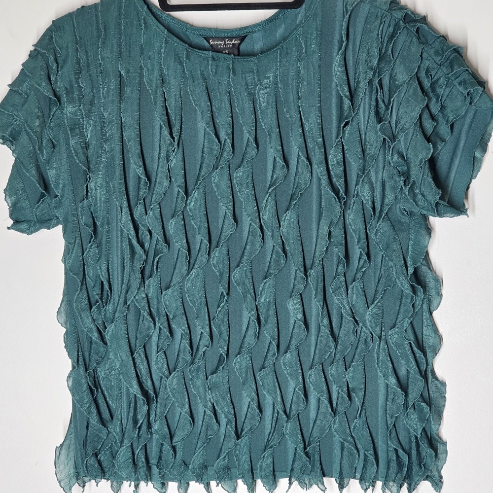 Sunny Leigh Forest‎ Fairy Boho Sheer Ruffle Top Green Short Sleeve Petite PS